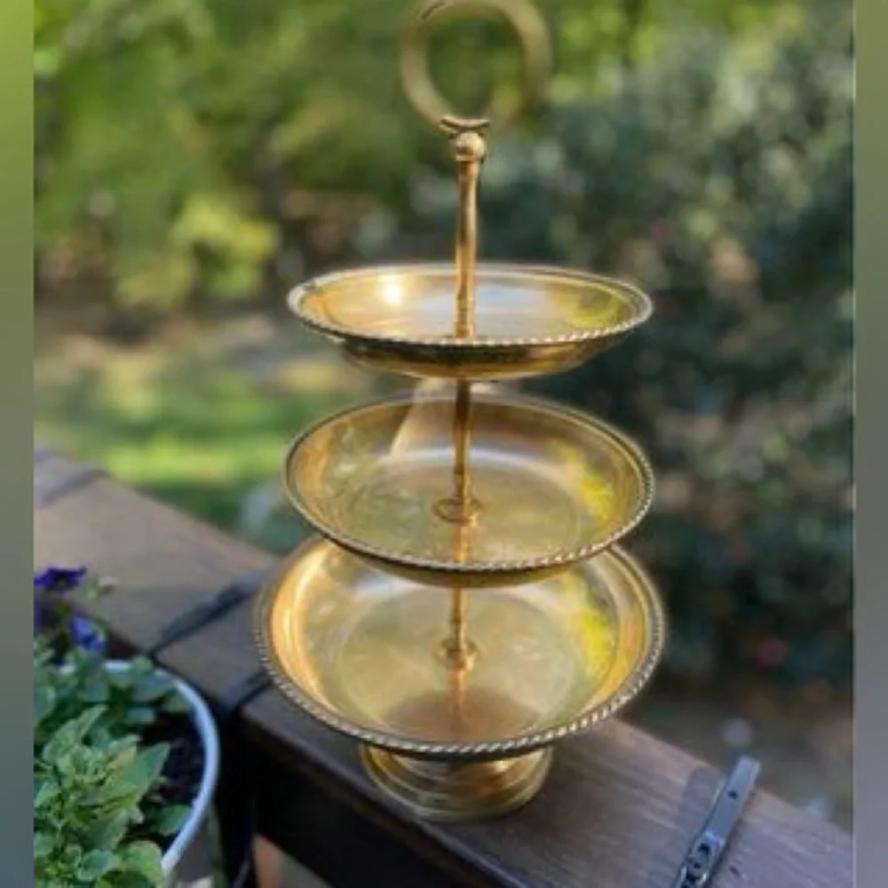 Vintage Brass 3 Tier Pastry Fruit Plate Serving  Dessert Holder Made In Designco